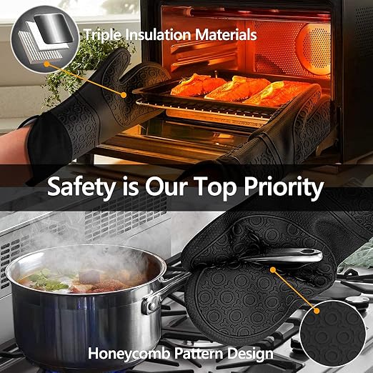 6pcs Silicone Oven Mitts and Pot Holders Sets for Kitchen, Black | 500°F heat resistant, cotton lining, honeycomb non-slip texture, 15-inch forearm protection, baking cooking gloves