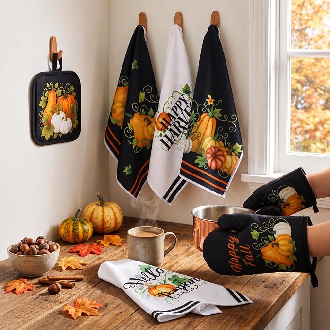 Fanfanwin 10 Pcs Fall Pumpkin Kitchen Decor and Accessories Set Kitchen Towels Pot Holders Oven Mitts and Rugs Sets for Home Autumn Decorations Cooking Baking Housewarming Gifts