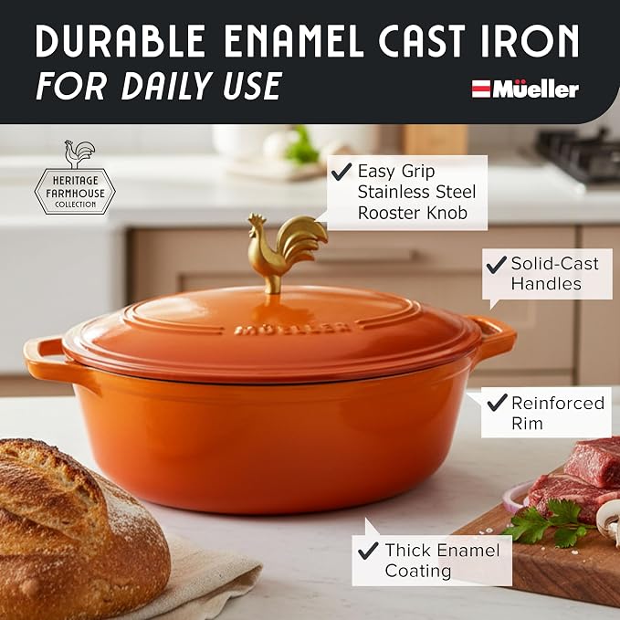MUELLER HOME 5.5 Quart Enameled Cast Iron Oval Dutch Oven w Rooster Knob & Cotton Potholders, Heavy-Duty Cookware, Oven-Safe up to 500° F & Across All Cooktops, Gifts for Grandma & Women, Orange | Rooster Knob, Cotton Potholders Included, Heavy-Duty Co...