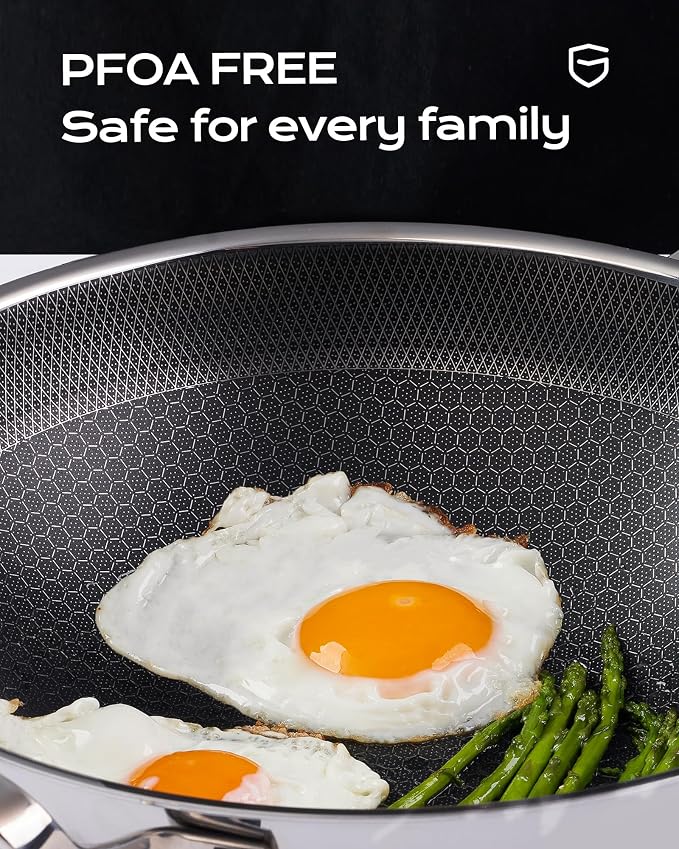 FGJ Wok pan,12 inch Hybrid Wok with Lid,PFOA Free Cookware,Non Stick Stainless Steel Woks & Stir-fry pans Nonstick, Dishwasher and Oven Safe, Works on Induction