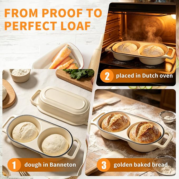 Premium Double Dutch Oven for Artisan Sourdough Bread 500°F Oven Safe | Bake 2 Loaves at Once/Bakery-Style Crust Every Time/Premium Cast Iron Heating/3-Layer Enamel Protection