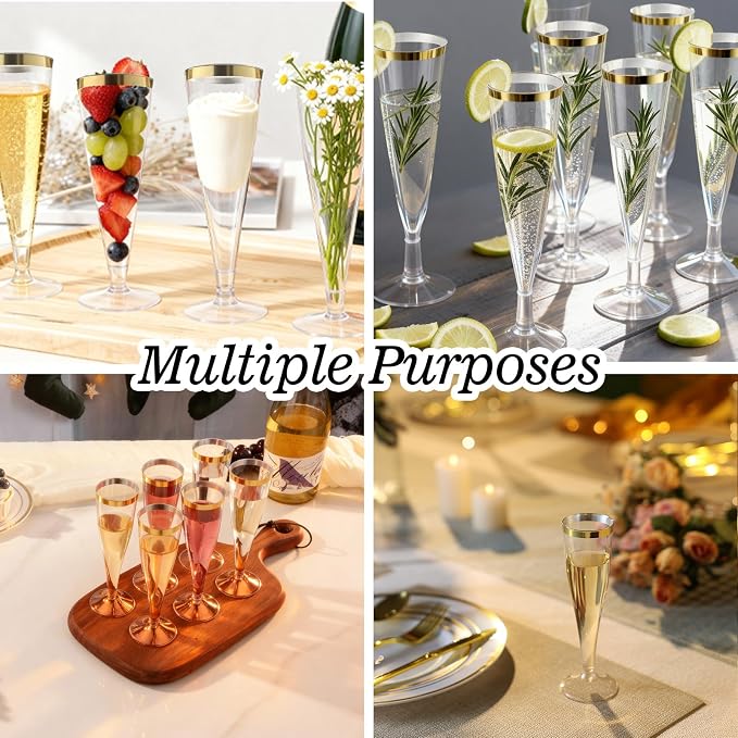 Bestluck 100 Pack 4.5 oz Champagne Flutes Plastic with Gold Rim | Disposable Champagne Flutes, Clear Plastic Disposable Stemware for Party, Mimosa Bar, Wedding, Anniversary and Graduation