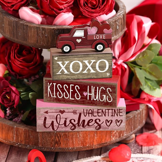 Lineshading 4 Pcs Valentine Signs, Farmhouse Truck Tiered Tray Decor | Wooden Blocks with XOXO Kisses Hugs Text, Rustic Red Truck Topper, Freestanding Tabletop Decor for Shelf Mantel Entry