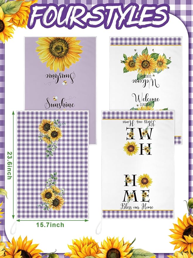 4 Pcs Sunflower Kitchen Towels Purple Plaid Hand Dish Towels | Absorbent Fast Drying Tea Dishcloths Sunshine Lavender Decor Housewarming Gift for Cooking Bathroom Kitchen Decor