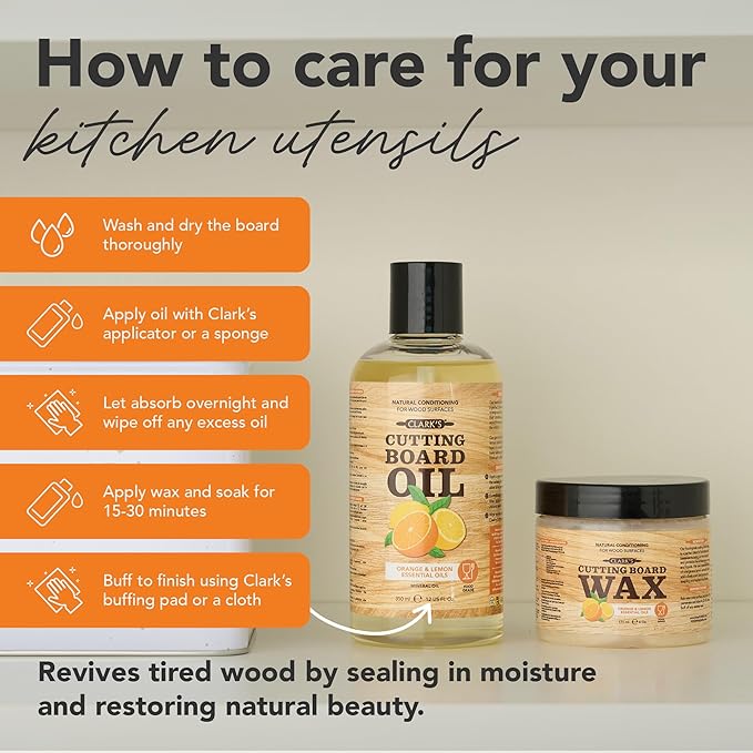 CLARK'S Cutting Board Oil & Wax Kit, Orange Lemon Scent, Food Safe - 2 Pack | Includes Food Grade Mineral Oil (12oz), Cutting Board Wax (6oz) for Cutting Boards, Butcher Blocks & Kitchen Wooden Utensils