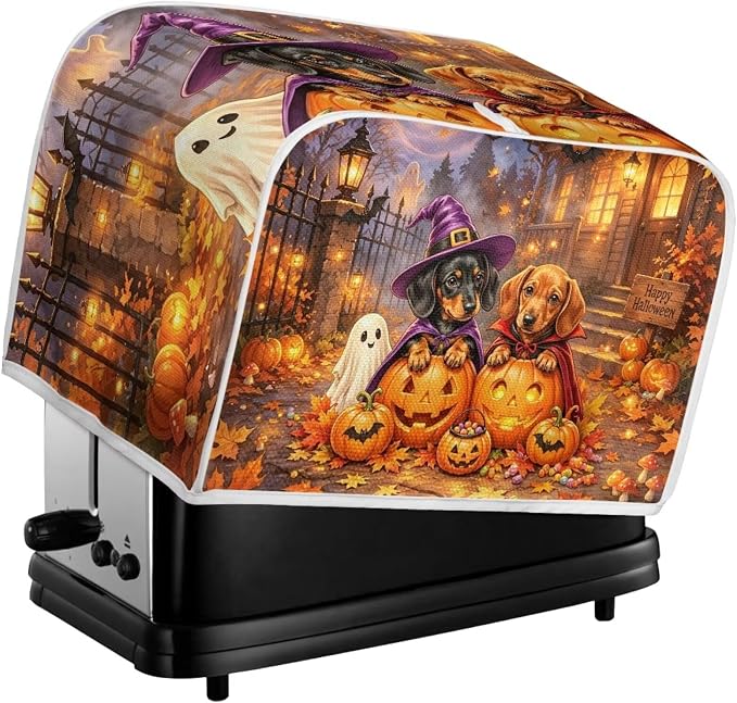 Dachshund Print Bread Machine Cover Pumpkin Ghost Print Toaster Cover 2 Slice Wide Slot Small Kitchen Appliance Covers for Halloween Decorations