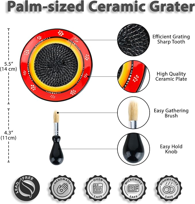 Ceramic Grater Plate Set – Handmade 4-Piece Press & Natural Grinder for Garlic, Ginger, Cheese & Spices – Decorative Hand Dish (Black/Orange)