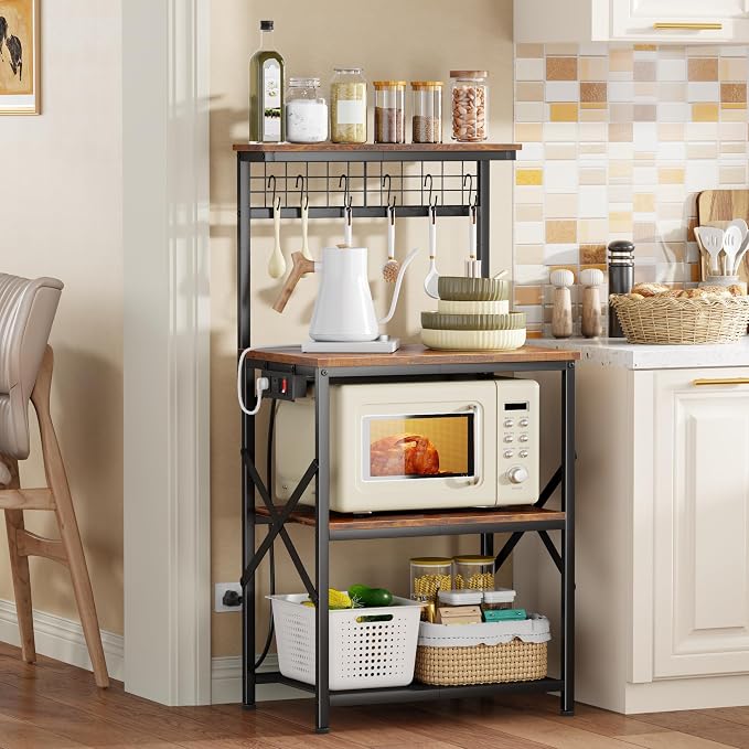Furologee Kitchen Bakers Rack with Power Outlet, Microwave Oven Stand with Storage 4 Tiers, Coffee Bar Table with 6 S Hooks, Kitchen Storage Shelf Rack for Spices, Pots, Rustic Brown