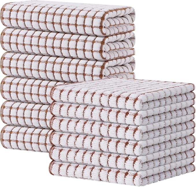 Kitinjoy Cotton 12 Pack Kitchen Towels and Dishcloths Sets, Brown | 16 x 25 Inch & 12 X 12 Inch Dish Towels Bulk, Super Soft and Absorbent hand towels for kitchen Drying