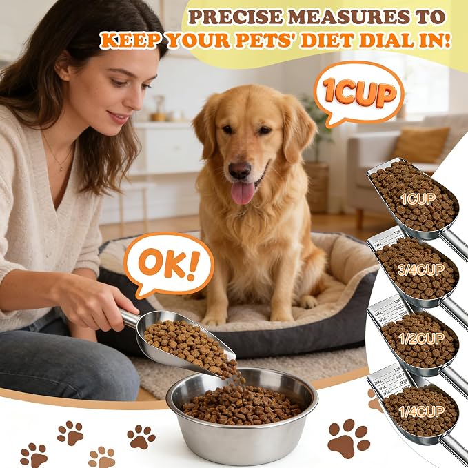 Mity rain 2PCS Dog Food Scoop Stainless Steel with Long Handle | Precise Measuring Cups, 1, 3/4, 1/2, 1/4 Cup, Pet Scoop for Cats, Rabbits, Animals, Metal Spoon for Dog Food Storage (2 CUP)