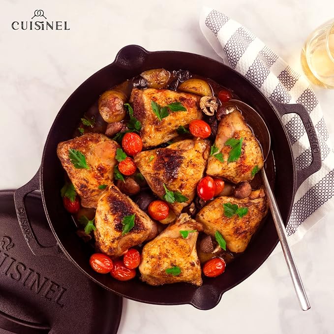 Cast Iron Skillet with Cast Iron Lid - 12"-Inch Dual Handle Frying Pan + Pan Scraper + Silicone Handle Holder Covers - Pre-Seasoned Oven Cookware - Use Indoor/Outdoor, Grill, Stovetop, Induction