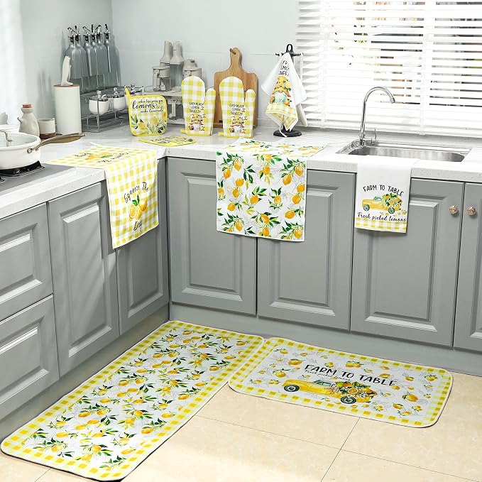 Fourluoo 10 Pcs Lemon Kitchen Decor Set Kitchen Towels and Rugs Oven Mitts and Pot Holders Set for Women Mom Gift Cooking Baking Grilling