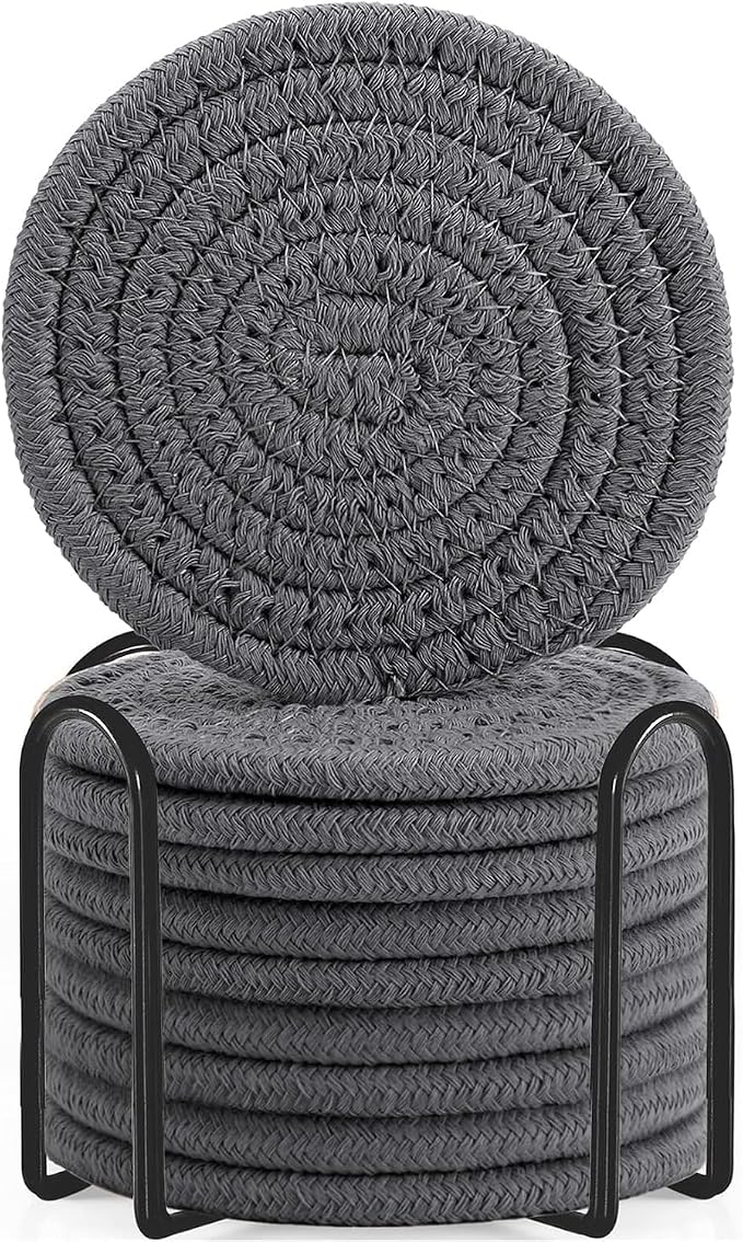 ABenkle Drink Coasters with Holder Set of 10, Cotton Woven Absorbent Coasters for Drinks, Minimalist Home Decor Coaster Set for Wooden Tabletop Protection Table, 4.3 inches