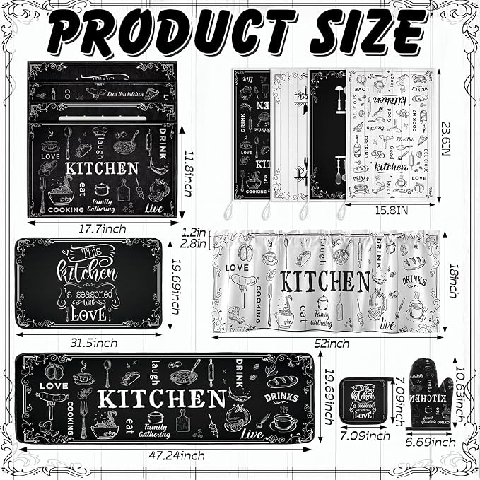 Fourluoo 16 Pcs Black White Kitchen Towel Rug Set Modern Decor | Non Slip Kitchen Rugs Mats, Oven Mitts Pot Holders Curtains, Farmhouse Home Decor Accessories, Housewarming Gift