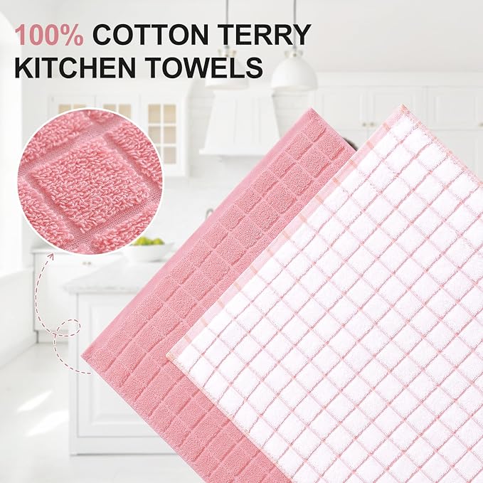 Homaxy Large Premium Cotton Kitchen Towels 16"x 28", 12 Pack, Pink | Natural Ring Spun 390 GSM Dish Towels, Super Absorbent Terry Kitchen Hand Towels, Soft Tea Towels with Hanging Loop