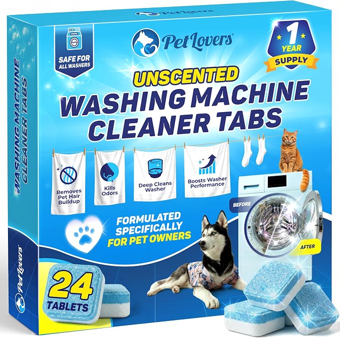 PetLovers Washing Machine Cleaner Tablets Unscented - Removes Pet Hair Buildup & Odors, Deep Cleans HE Front Load & Top Load Washers, 24 Pack (1 Year Supply)