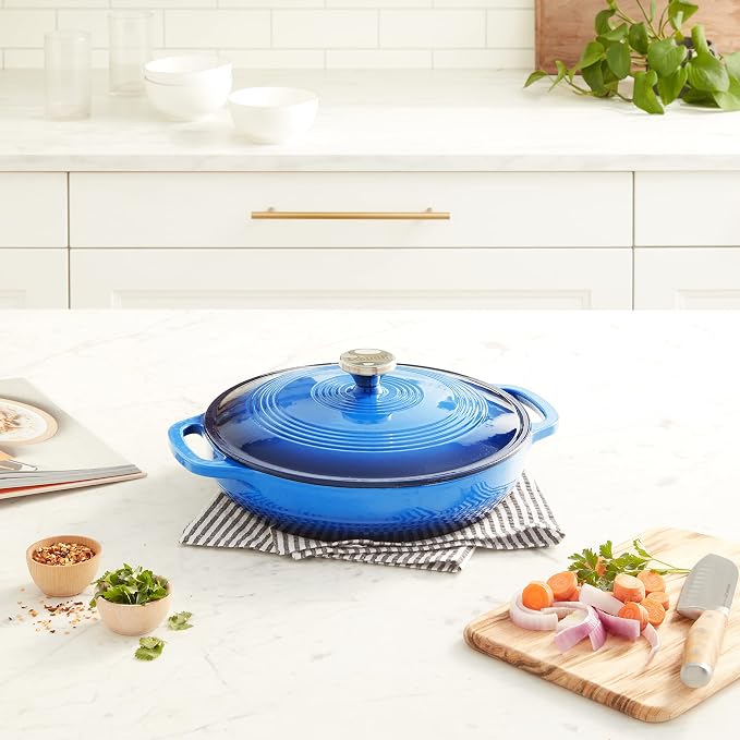 Lodge Essential Enamel Braiser 3.5 Quart - Refrigerator- & Oven-Safe up to 500° F - Heat-Retaining, Induction-Safe & PFAS-Free Enamel Cookware - Caribbean Blue