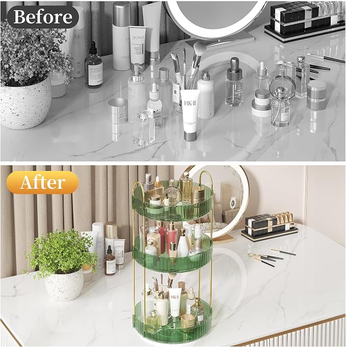 Rotating Makeup Organizer Countertop, 3 Tier, Green | Skincare Organizers, Spinning Perfume Tray Stand, Makeup Storage Organizer for Vanity, Bathroom Organizer, Lazy Susan