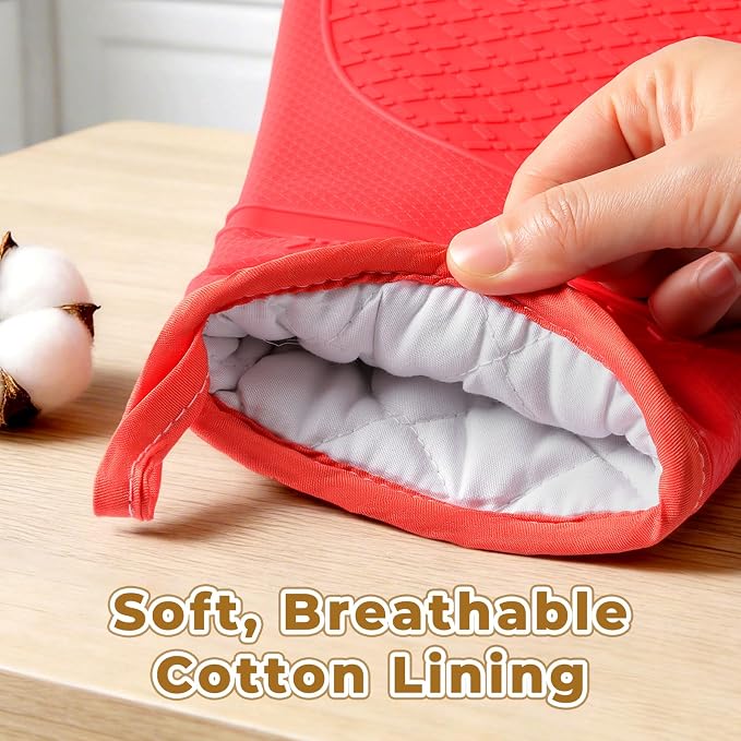 Heat Resistant Silicone Oven Mitts, Up to 500°F Protection for Baking & Grilling, 1 Pair (Red, Extra Thick)
