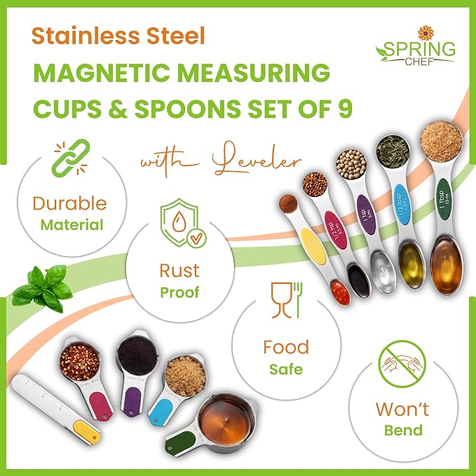 Spring Chef Magnetic Measuring Cups & Spoons Set of 9, Patented, Multicolor | Nesting Stainless Steel Measuring Cups & Heavy Duty Metal Measuring Spoons with Levelers for Dry & Liquid Ingredients