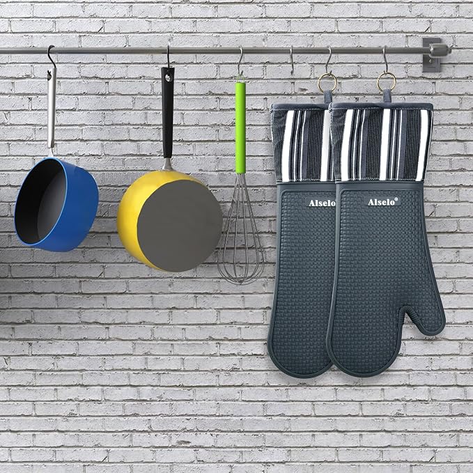 Alselo Silicone Oven Mitts Set, Heat Resistant 550 Degree,7.5"x16" | Extra Long Kitchen Mittens,Waterproof & Non-Silp Oven gloves for Baking Cooking Barbecue Microwave (Extra Long Grey, 2)