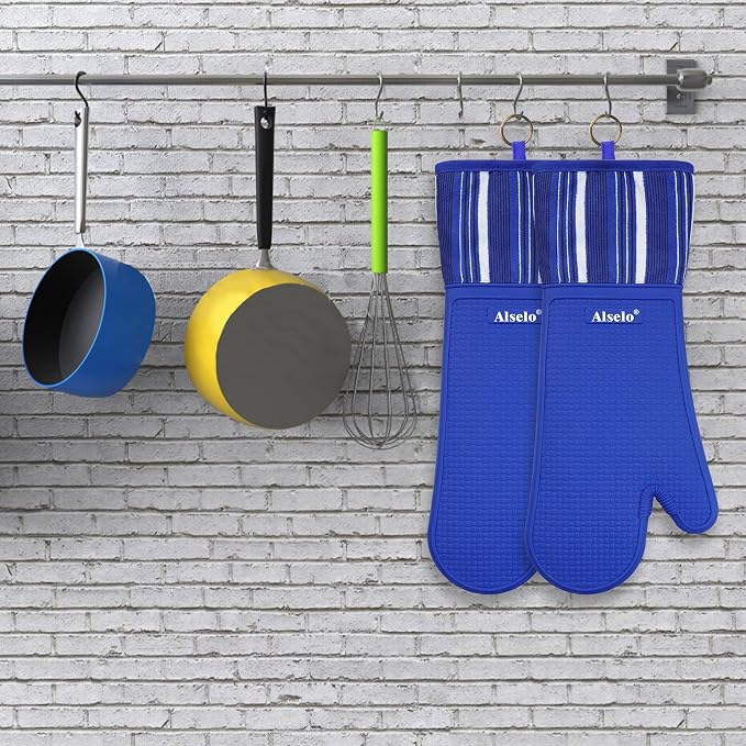 Alselo Silicone Oven Mitts Set, Heat Resistant 550 Degree,7.5"x16" | Extra Long Kitchen Mittens,Waterproof & Non-Silp Oven gloves for Baking Cooking Barbecue Microwave (Extra Long Navy, 2)