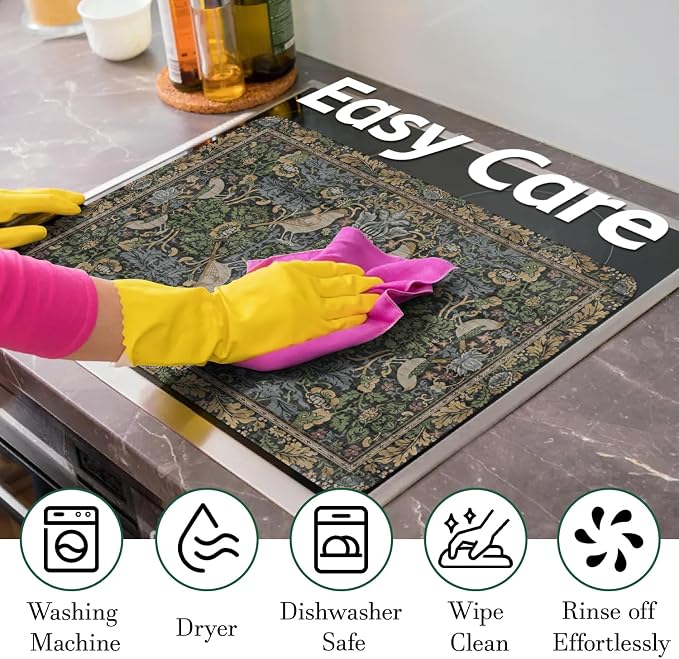 Boho Stove Top Cover for Electric Stoves,Vintage Bird & Botanical Floral Farmhouse Stove Top Cover for Kitchen Decor,Heat Resistant Cooktop Protector Mat,Non-Slip Washable Dish Drying Mat 28"x20"