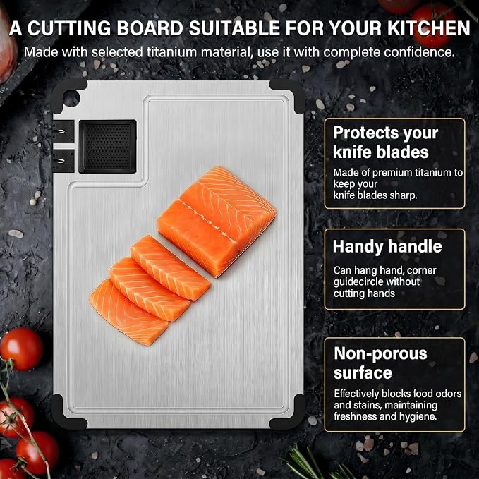 Titanium Cutting Board for Kitchen, 2026 New Food-Grade Board, with Sharpenersr, Garlic Grinding Area, Juice Groove, Non-Slip Corner Guards, Multifunctional Non Toxic Chopping Board, 14.2"x9.8"