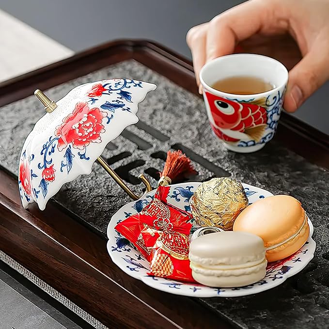 Umbrella Shape Ceramic Tea Strainer - Chinese Blue & White Porcelain Loose Leaf Filter with Rotating Design, Multi-Purpose Tea Infuser for Kung Fu/Coffee/Brewing (Red)