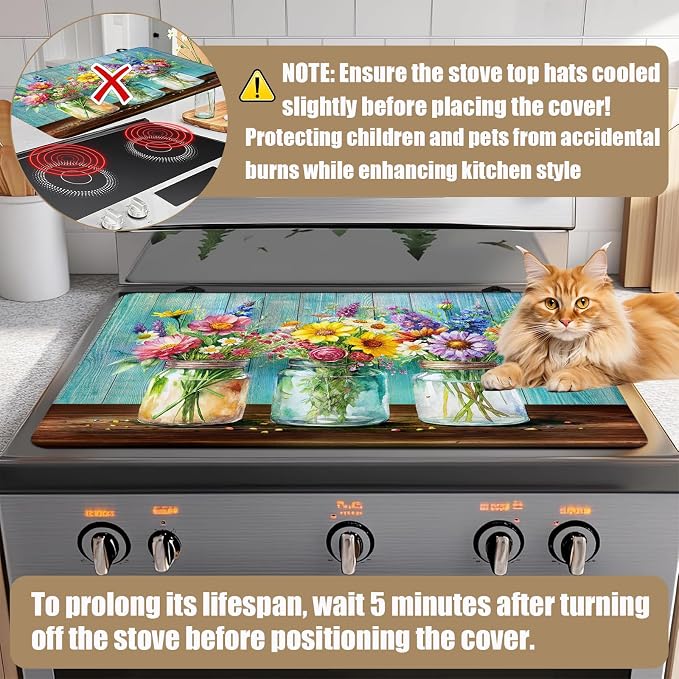 Flower Vase Stove Top Covers for Electric Stove, Electric Gas Stove Pad Heat Resistant Range Cooktop Protector for Home Decor Kitchen 28"x20"