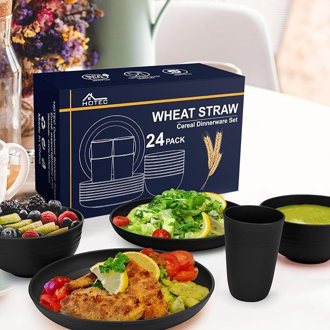HOTEC 24-Pack Unbreakable Kitchen Plastic Wheat Straw Dinnerware Set – BPA-Free Plates, Bowls & Cups | Lightweight, Microwave & Dishwasher Safe | Black Reusable Tableware for Home & Outdoor Use