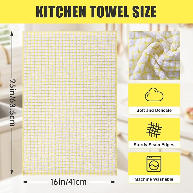 Mordimy Premium Cotton Kitchen Towels 16"x 25", Yellow Check Design, 8 Pack | Super Absorbent Terry Kitchen Hand Towels, Large Natural Ring Spun 360 GSM Dish Towels, Soft Tea Towels with Hanging Loop