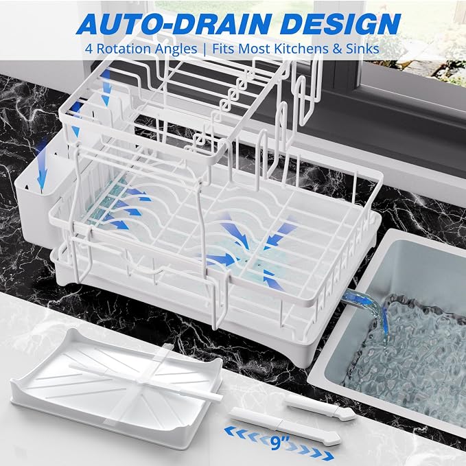 2-Tier Dish Drying Rack - Dish Rack with Auto Drain-to-Sink & Mat | Dish Racks for Kitchen Counter, Dish Drainer with Knife Fork & Cup Rack, Gifts for Women, Mothers Day, Kitchen Gadgets, White