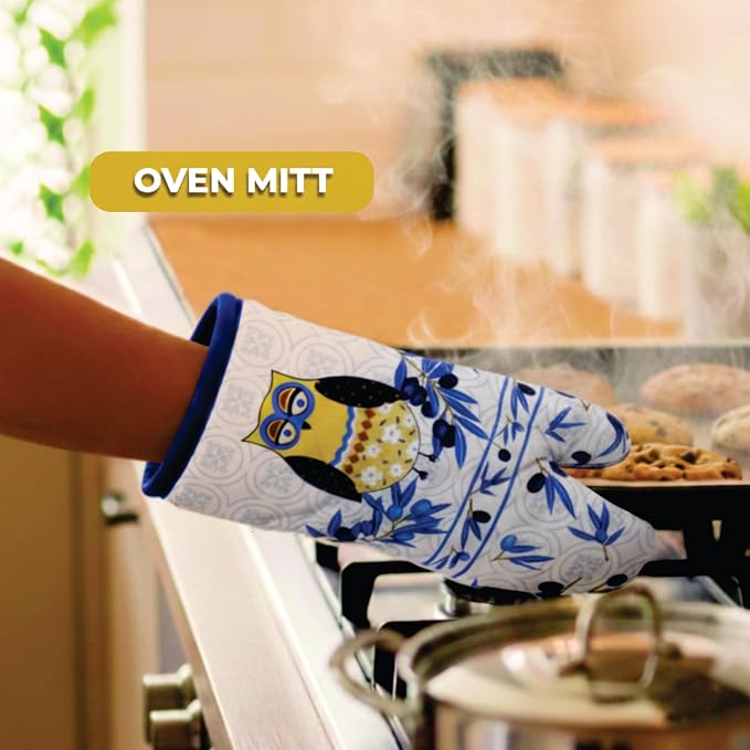 Lobyn Value Pack Whimsical Blue Owl, 5 Piece Set | Kitchen Towel Set with 2 Decorative Dish Towels (25 X15), 1 Oven Mitt (11 X 7) and 2 Potholders (6.5 X 6.5)