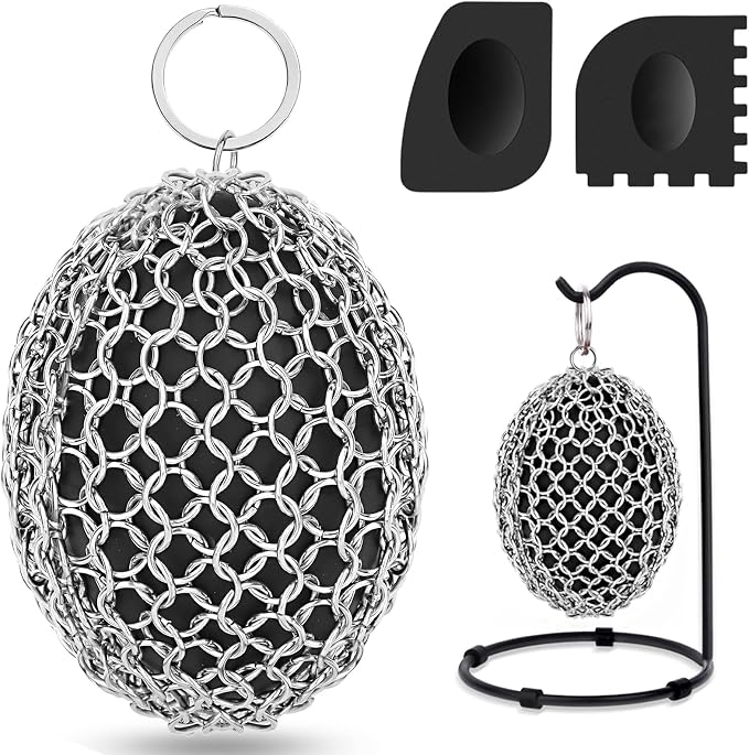 Cast Iron Scrubber Chainmail, 316 Stainless Steel Pot Cleaner with Pan Scraper, Heavy Duty Rust Remover for Cast Iron Skillet, Grill, Dutch Oven – Dishwasher Safe, Heat Resistant Kitchen Cleaning Tool