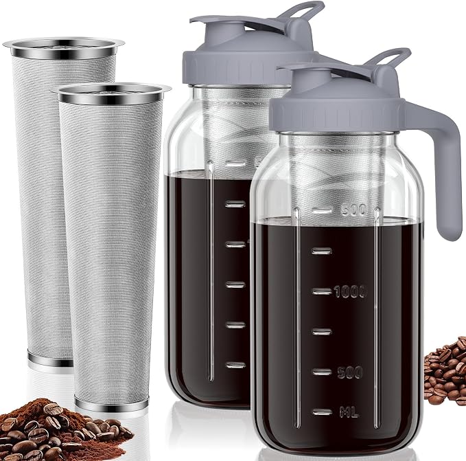Cold Brew Coffee Maker, 64 oz Glass Mason Jar Pitcher | 100μm stainless steel filter, wide mouth design, leak-proof lid with handle, pour spout for iced coffee, tea and cold drinks
