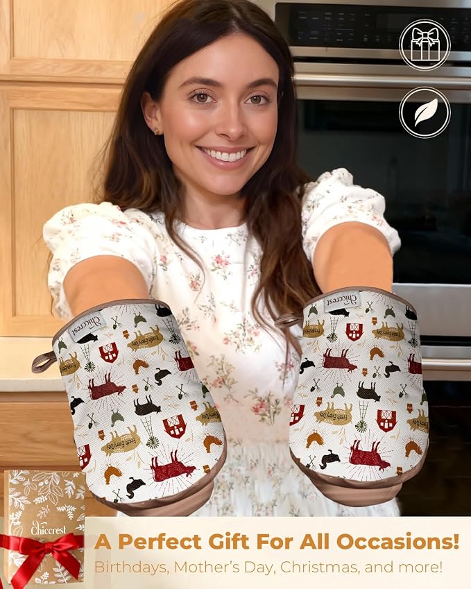 100% Thick Cotton Mini Oven Mitts Silicone Grip Farm Poultry | Girly Cute Oven Mitts for Women, Machine Washable, Non-Slip, Reversible Design Fits Both Hands, Stylish Kitchen Decor