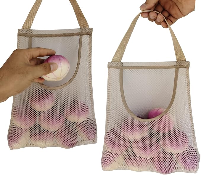5 Pack Hanging Mesh Storage Bags Potatoes Bag Onion Mesh Garlic Net Long and Large Reusable Net Storage Produce Bags for Kitchen Reusable Grocery Bags (Top opening beige)