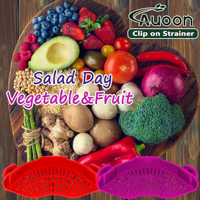 AUOON Clip On Strainer Silicone for Pots, Standard 8.86 x 3.55in, Purple | Food-grade BPA-free, Fits Pots Pans Bowls, Dishwasher Safe, for Pasta Noodles Vegetable Fruits, Space-saving Kitchen Gadget