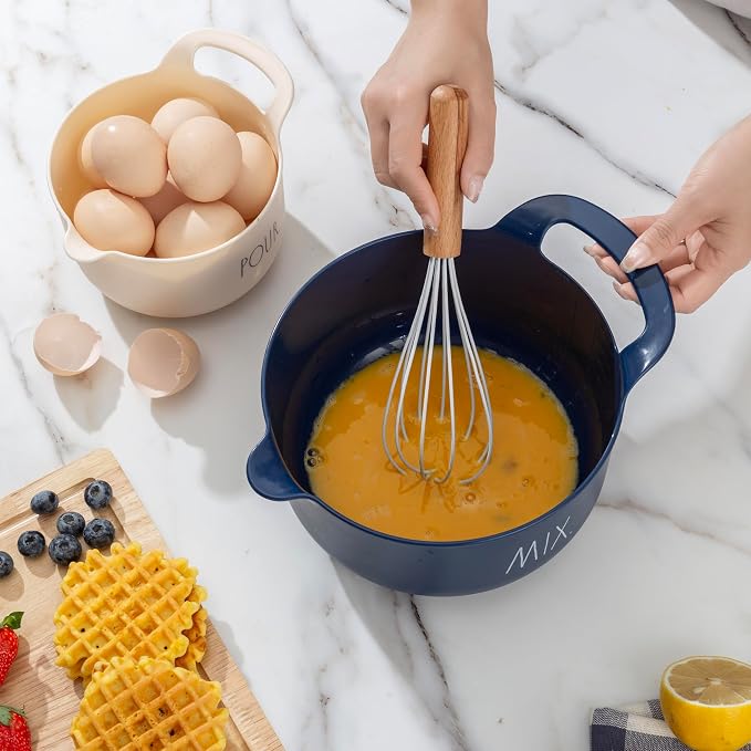 Rae Dunn Non-Slip Mixing Bowls - 4 Piece Nesting Plastic Mixing Bowl Set with Pour Spouts and Handles-Measurement Markings (Cream)