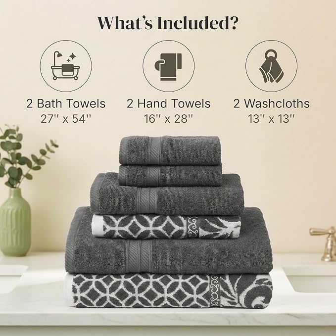 Modern Threads 6 Piece Bath Towel Set – Bathroom Set with 2 Bath Towels, 2 Hand Towels, and 2 Wash Cloths – 100% Cotton, Super Absorbent & Extra Soft – Reversible Botanical Vine (Gray)