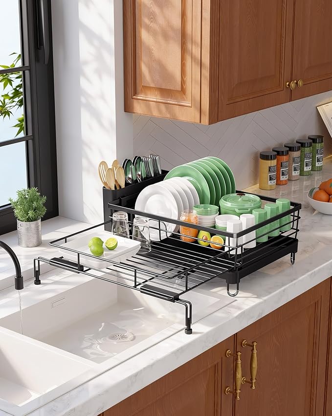 Kitsure Adjustable Dish Drying Rack, 15.6''-25.2''L × 16.9''W, Black | Large Dish Drying Rack, Rust-Resistant Dish Racks for Kitchen Counter, With Adjustable Support Legs, Cutlery Holder