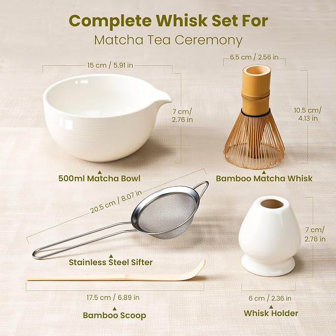 Matcha Whisk Set, Ceramic Bowl Matcha Kit & Handcrafted Bamboo Chasen, Complete 5 Pcs Matcha Set Whisk and Bowl, Stainless Steel Sifter, Bamboo Scoop & Holder for Matcha Lovers