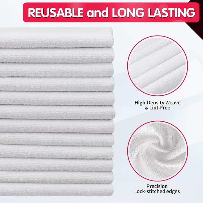 White Microfiber Cleaning Cloth, Pack of 50, 16"X12" Cleaning Rags for Housekeeping and Kitchen, Reusable Shop Towels, Microfiber Towels for Cars, Lint Free, Scratch-Free, Highly Absorbent