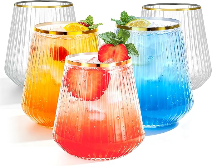 BESTSTAR 36 Pcs 12 oz Plastic Clear Gold Rim Ribbed Wine Glasses | Origami Ripple Disposable Champagne Glasses Elegant Whiskey Glasses Ideal for Weddings, Bars,Christmas, Pool Party, Daily Use