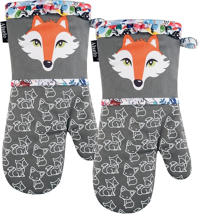 Alselo Oven Mitts 1 Pair, Silicone Printed Kitchen Mittens,7"x13.5" | Heat Resistant & Non-Slip Oven Gloves, Fashion Animal Design with Soft Quilted Cotton Lining for Baking Cooking BBQ (Grey 2)