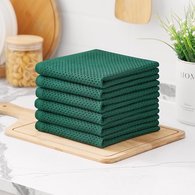 Kitinjoy 100% Cotton Waffle 8-Pack Kitchen Towels, 12" x 12", Dark Green | Ultra Absorbent, Super Soft, lightweight, Quick Drying Dish Rags for Washing Dishes