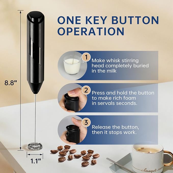 YSSOA Electric Milk Frother Handheld with Stainless Steel Stand Battery Operated Whisk Drink Mixer for Coffee, Frappe, Latte, Matcha, Hot Chocolate, Mini Hand Blender, Black