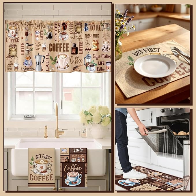 Fourluoo 16 Pcs Coffee Kitchen Decor Set Towels Dishcloths Rug Mitts Brown | Farmhouse Home Kitchen Accessories, Non Slip Rug Mat, Pot Holders Coasters Curtains, Coffee Themed Housewarming Gift
