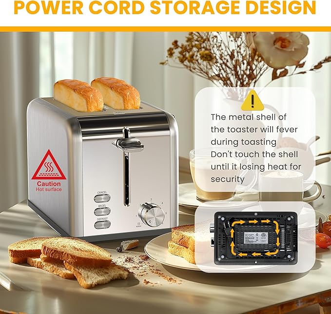 Simple Deluxe 2-Slice Toaster, 6 Browning Setting and 3 Function Stainless Steel Toaster, Extra Wide Slot & Removable Crumb Tray, for Bread & Waffle, Silver